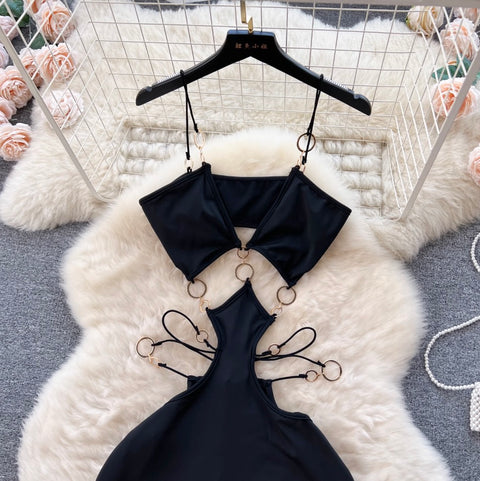 Hollow Circle Waistless Black Halter Dress