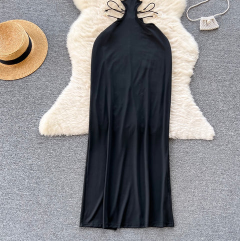 Hollow Circle Waistless Black Halter Dress