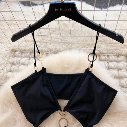 Hollow Circle Waistless Black Halter Dress