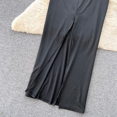 Hollow Circle Waistless Black Halter Dress