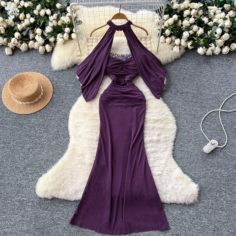 Sequined Purple Bustier Dress with Shawl