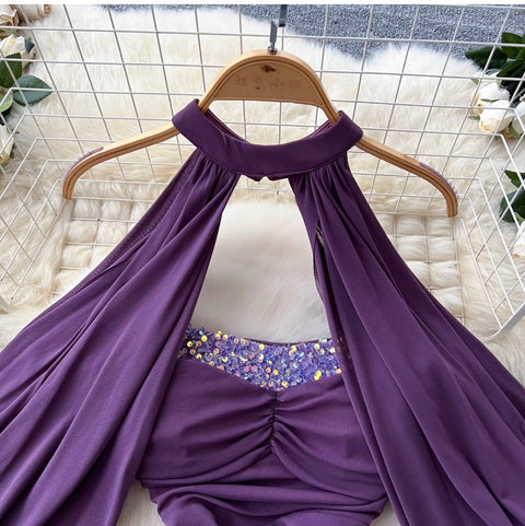 Sequined Purple Bustier Dress with Shawl