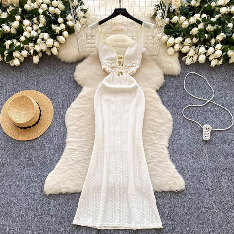 Sexy Hollowed V-neck Apricot Lace Dress