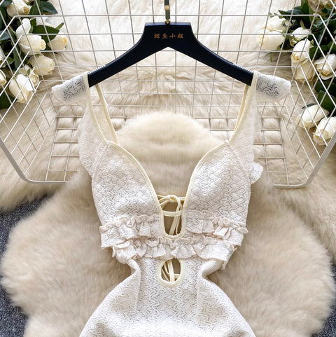 Sexy Hollowed V-neck Apricot Lace Dress