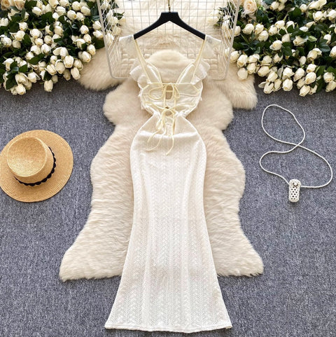 Sexy Hollowed V-neck Apricot Lace Dress