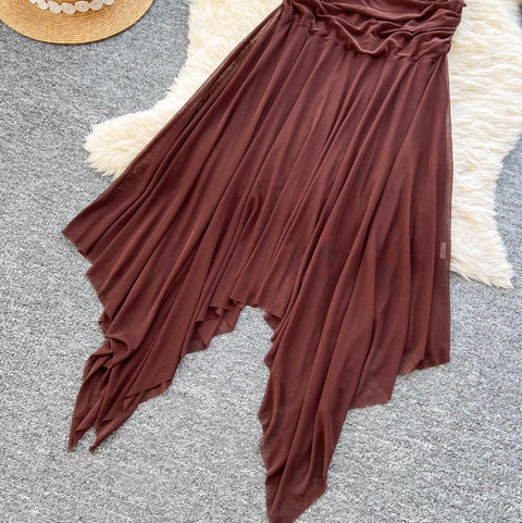 Niche Off-shoulder Pleated Coffee Dress