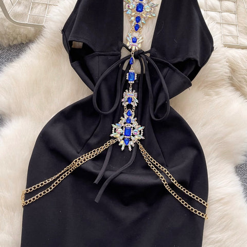Rhinestone Hollowed Black Halter Dress