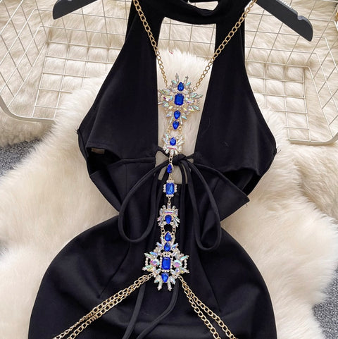 Rhinestone Hollowed Black Halter Dress