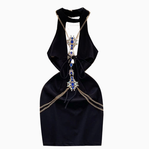 Rhinestone Hollowed Black Halter Dress
