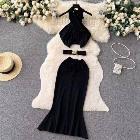 Cross Halter Top & Fishtail Skirt 2Pcs