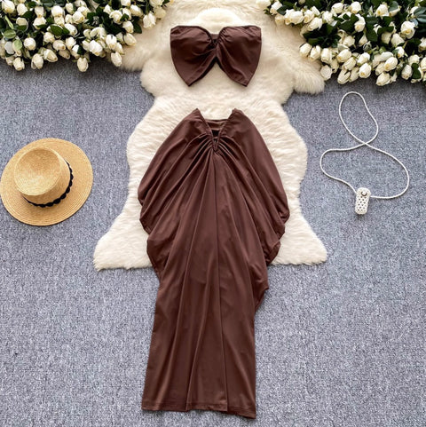 Tank Top & Pleated Skirt Coffee 2Pcs