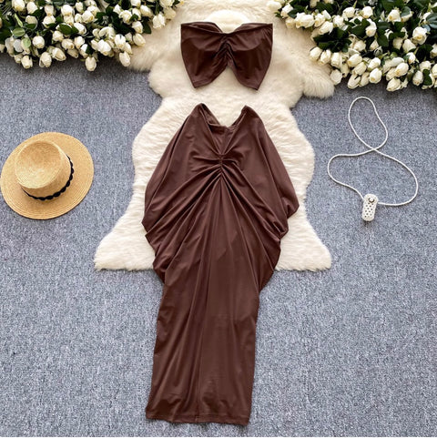 Tank Top & Pleated Skirt Coffee 2Pcs