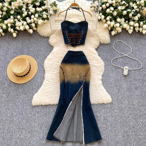 Lace-up Halter Top & Skirt Denim 2Pcs