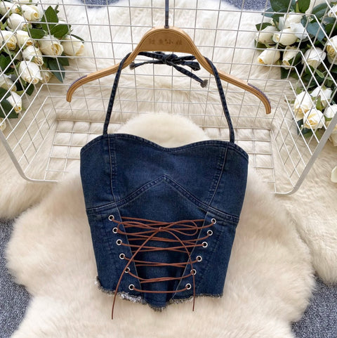 Lace-up Halter Top & Skirt Denim 2Pcs