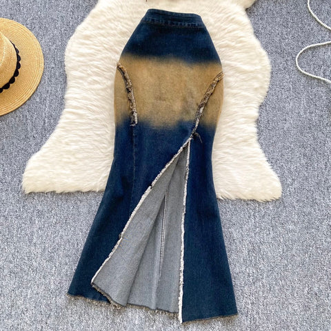 Lace-up Halter Top & Skirt Denim 2Pcs