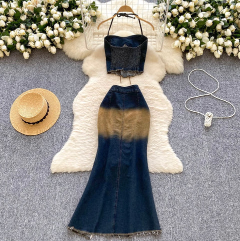 Lace-up Halter Top & Skirt Denim 2Pcs