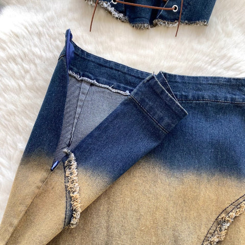 Lace-up Halter Top & Skirt Denim 2Pcs