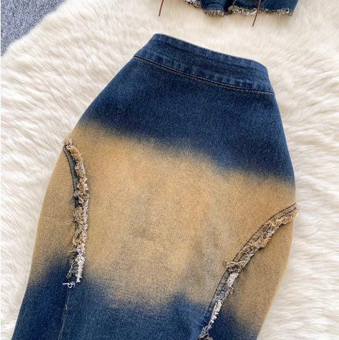 Lace-up Halter Top & Skirt Denim 2Pcs