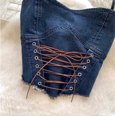 Lace-up Halter Top & Skirt Denim 2Pcs