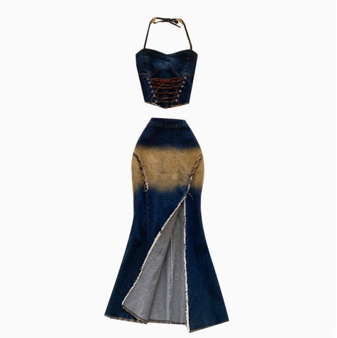 Lace-up Halter Top & Skirt Denim 2Pcs