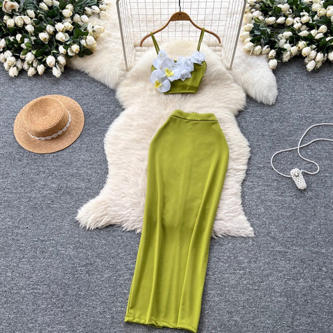 3d Flower Camisole & Skirt Green 2Pcs