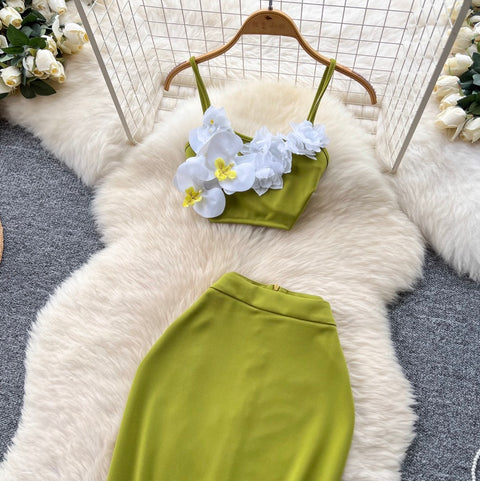 3d Flower Camisole & Skirt Green 2Pcs