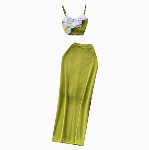 3d Flower Camisole & Skirt Green 2Pcs