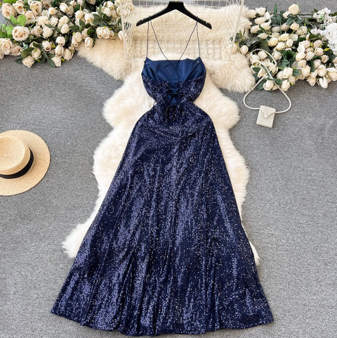 Premium Blue Sequined Slip Dress