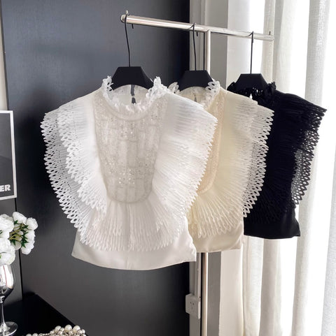 Courtly Beaded Patchwork Ruffled Top