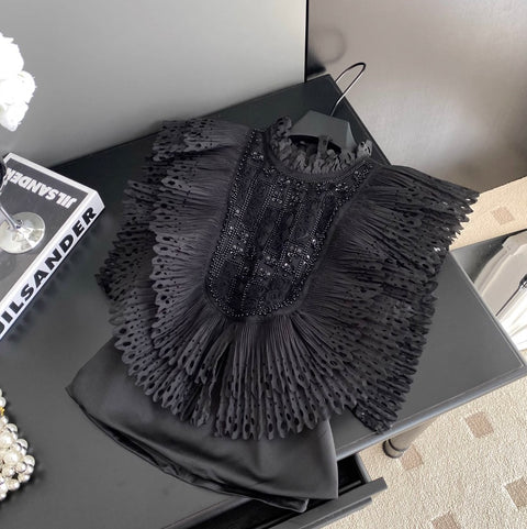 Courtly Beaded Patchwork Ruffled Top