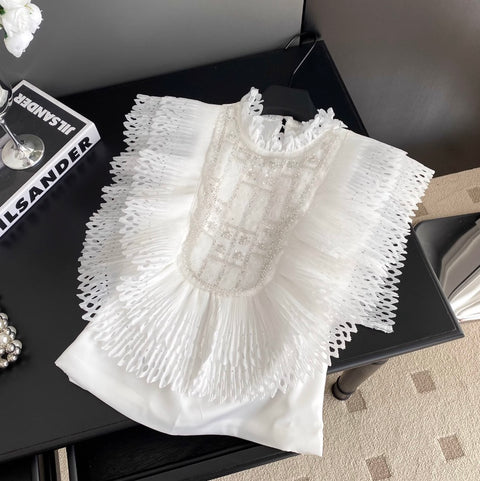 Courtly Beaded Patchwork Ruffled Top