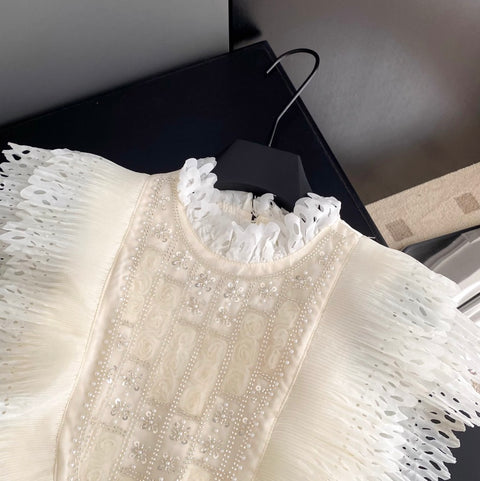 Courtly Beaded Patchwork Ruffled Top