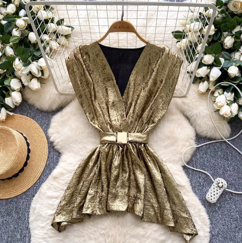 Glossy Satin Sleeveless Top with Belt
