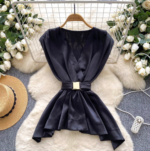 Glossy Satin Sleeveless Top with Belt