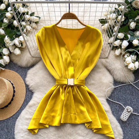 Glossy Satin Sleeveless Top with Belt