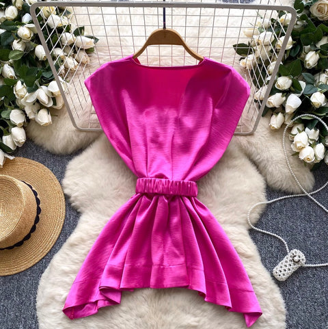 Glossy Satin Sleeveless Top with Belt