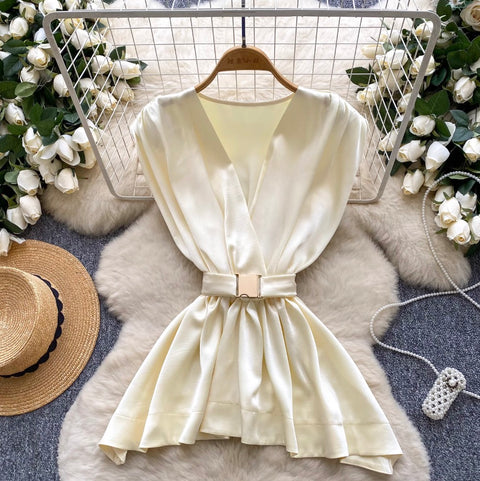 Glossy Satin Sleeveless Top with Belt