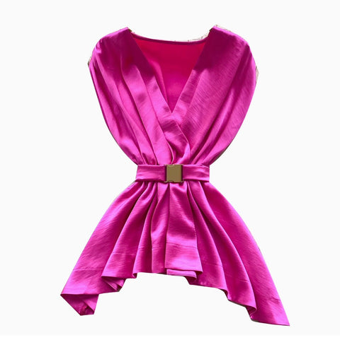Glossy Satin Sleeveless Top with Belt