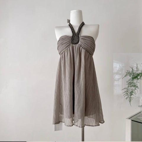 Beaded Gray Chiffon Halter Dress