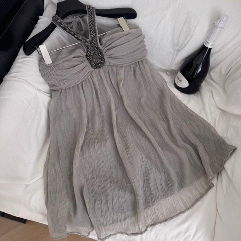 Beaded Gray Chiffon Halter Dress