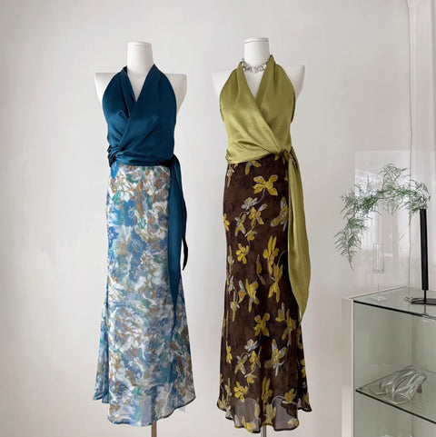 Knotted Satin Top & Floral Skirt