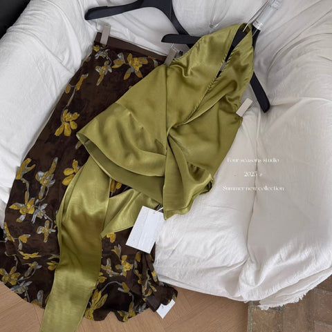 Knotted Satin Top & Floral Skirt