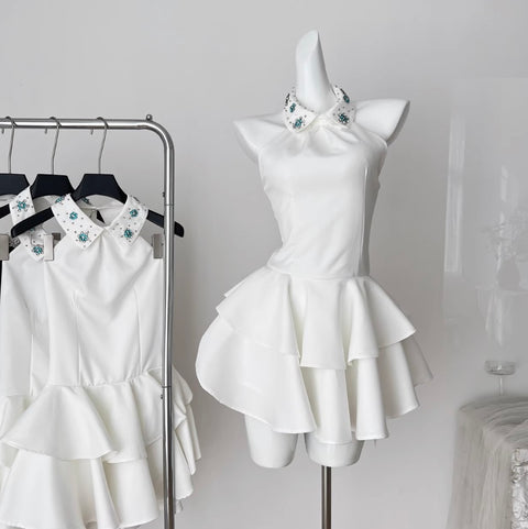 Elegant Beaded Collar Puffy Dress