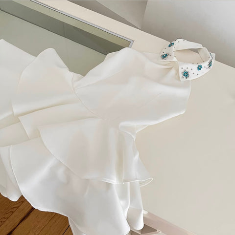 Elegant Beaded Collar Puffy Dress