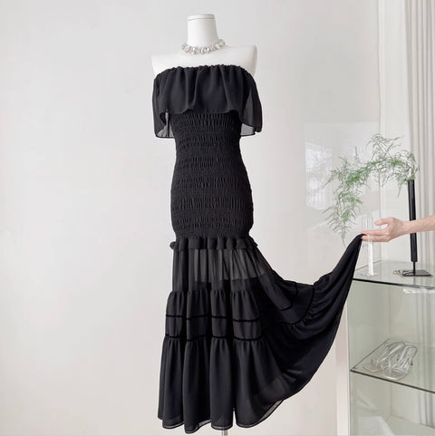 Off-shoulder Ruffled Black Dress