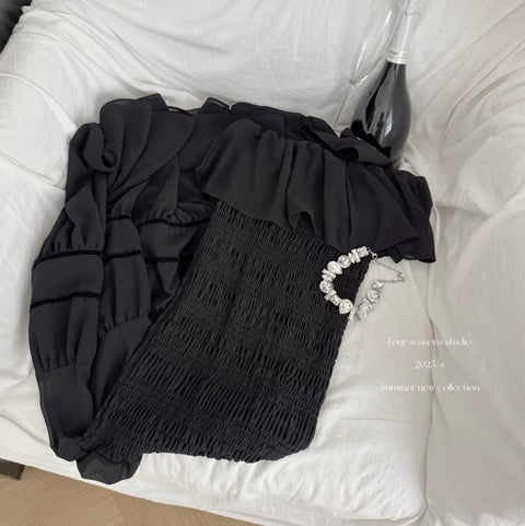 Off-shoulder Ruffled Black Dress