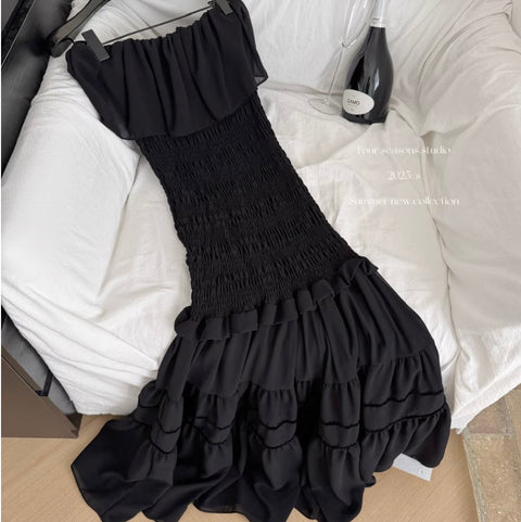 Off-shoulder Ruffled Black Dress