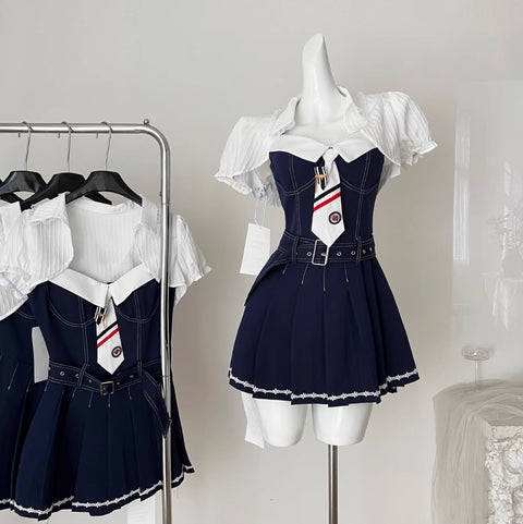 Denim Patchwork Dress with White Cape 2Pcs
