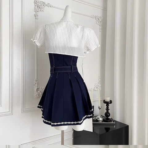 Denim Patchwork Dress with White Cape 2Pcs