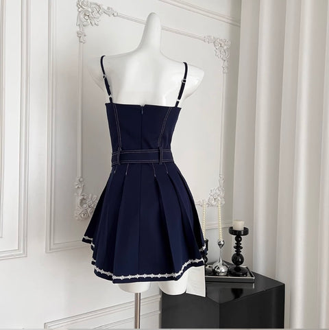 Denim Patchwork Dress with White Cape 2Pcs